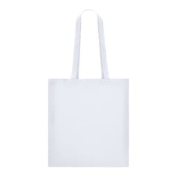 A white tote bag with two shoulder straps and a plain design. It features a logo on one side.