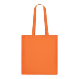 An orange tote bag with long handles and a plain design. It features a logo or branding.