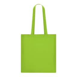 A bright green tote bag with two shoulder straps and a plain design. It features a branding logo.