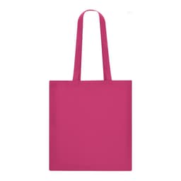 A pink tote bag with long handles and a solid design, featuring a branding logo.
