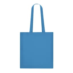A blue tote bag with long handles and a simple design. The bag features a logo.