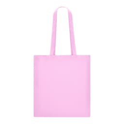 A pink tote bag with long straps and a simple design. It features a branding logo.