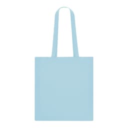A light blue tote bag with long handles and a plain design. It features a logo on one side.