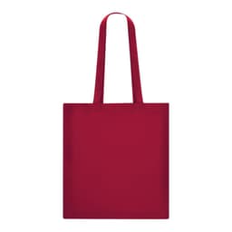 A red tote bag with two shoulder-length straps and a plain design. It features a logo on one side.