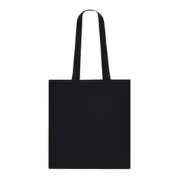 A black tote bag with two handles and a simple design. It features a logo on one side.