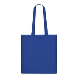 A blue tote bag with two shoulder straps and a plain design. It features a logo on one side.