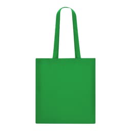 A bright green tote bag with long handles and no visible branding or logos.