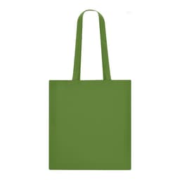 A green tote bag with long handles and a blank surface, featuring a logo on one side.