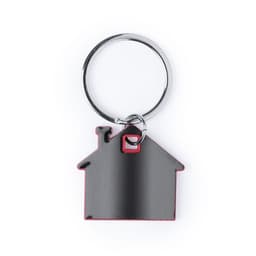 A house-shaped keyring in silver and red, featuring a metal ring for attaching keys.