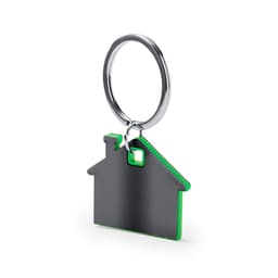 A house-shaped keyring in black and green, attached to a silver metal ring.
