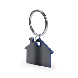 A black and blue house-shaped keyring with a metal circular attachment. It features a smooth finish and a simple design.