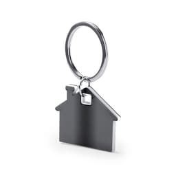 A silver keyring shaped like a house, featuring a small loop attachment.