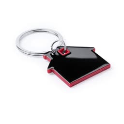 A black and red house-shaped keyring with a chrome metal ring and a branding logo.