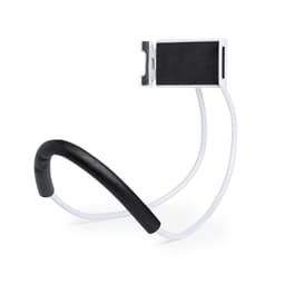 A white and black phone stand featuring a flexible arm and a grip for holding devices securely.