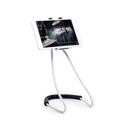 A phone stand in white and black, holding a tablet displaying a drummer in action. It features a flexible design.