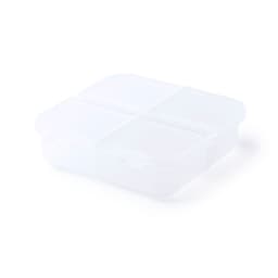 A clear plastic container with four compartments, featuring a secure lid for storage.