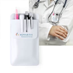 A white pouch containing pens and a spray, with a logo, attached to a white doctor's coat and stethoscope.