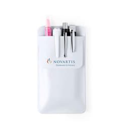 A white pen holder with several pens and a logo, featuring multiple compartments for stationery items.