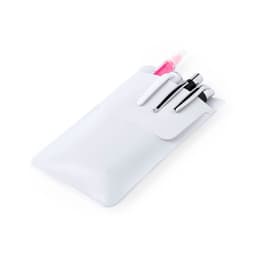 A white pencil case containing three pens, including a pink pen, with a sleek, minimalist design and a logo.