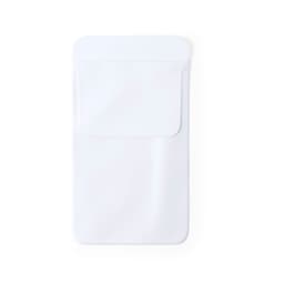 A white clothing accessory with a front pocket and a smooth finish, featuring a logo.