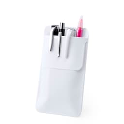 A white pen holder with multiple compartments containing pens and a pink marker. It features a branding logo.