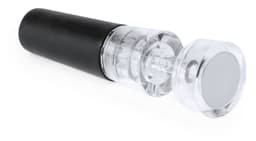 A drink bottle stopper in black and clear, designed for sealing bottles. It features a sleek design and contains a logo.