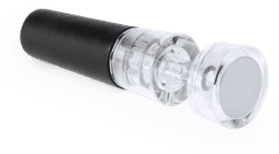 A drink bottle stopper in black and clear, featuring a sleek design with a transparent top and silver accents.
