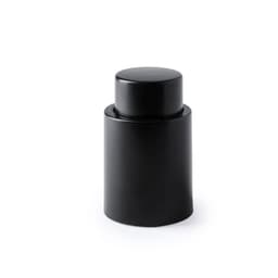 A drink bottle in a sleek black design, featuring a simple cylindrical shape and a rounded lid. It has a logo.