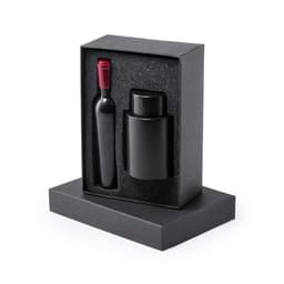 A drink bottle and a cylindrical container in a sleek black gift box with textured cushioning.