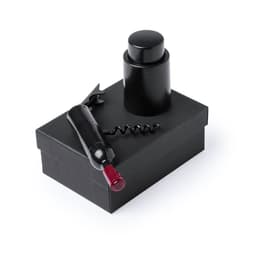 A black wine bottle and corkscrew set packaged in a black box, featuring a sleek design with a logo.
