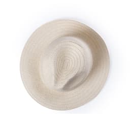 A round, woven straw hat in a light beige colour, featuring a textured design. It has a logo on the inner band.