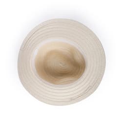 A cream-coloured straw hat with a wide brim and an open interior, featuring a simple design.