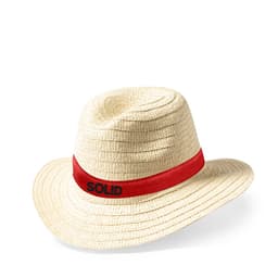 A straw hat with a wide brim, featuring a red band and a logo, in a light beige colour.