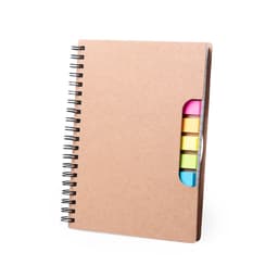 A brown notebook with a spiral binding and a pocket displaying colourful sticky tabs inside.