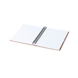 A spiral-bound notebook with lined pages and a brown cover. It features a black spiral binding.