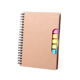 A brown spiral-bound notebook with a side slot holding colourful sticky notes in pink, yellow, and blue.