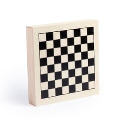 A wooden chess board with a classic black and cream checkered design, showing the square layout.