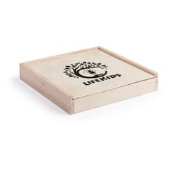 A wooden box with a sliding lid, featuring a logo on the top. The box is light in colour.