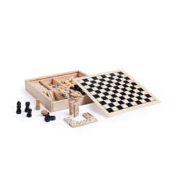 A wooden game set featuring a checkered game board, various pieces, and a storage box. The pieces are black and natural wood.