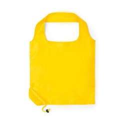 A foldable bag in bright yellow, featuring a simple design and a drawstring closure. It has a logo.