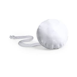 A white foldable bag with a long, clear strap, featuring a round shape. It has a logo on the surface.