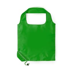 A foldable bag in bright green, featuring a simple design and a drawstring closure. Contains a logo.