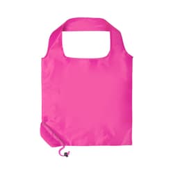 A bright pink foldable bag with a rounded handle and a drawstring closure at the bottom. It features a logo.
