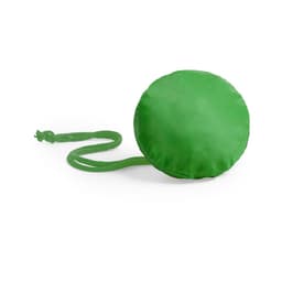 A green foldable bag shaped like a disc with a drawstring cord attached. Features a logo.