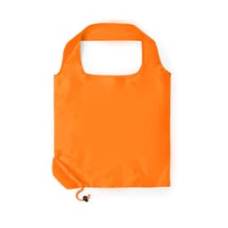 An orange foldable bag with a wide handle and a drawstring closure at the bottom. It features a logo.