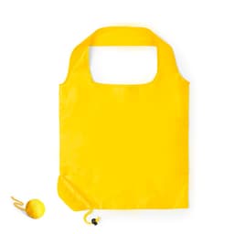 A bright yellow foldable bag with a round pouch for storage. The bag features a simple, open-top design and a logo.