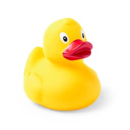 A yellow rubber duck with a bright red beak, featuring large expressive eyes and a rounded body.