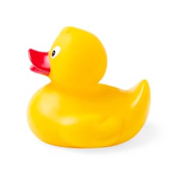 A yellow rubber duck with a red beak, featuring a smooth surface and rounded shape, and a small logo on its side.