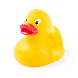 A bright yellow rubber duck with a red beak and large, expressive eyes.