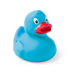 A blue rubber duck with a red beak, featuring large eyes and a rounded body. It has a simple, cheerful design.